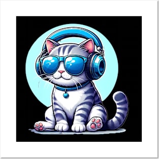 Cute cat wearing blue headphone and sunglass enjoying music Posters and Art